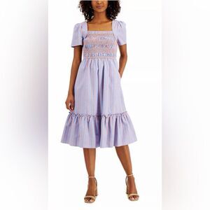 Tahari ASL cotton smocked seersucker midi dress Size 14 NWOT cottage preppy